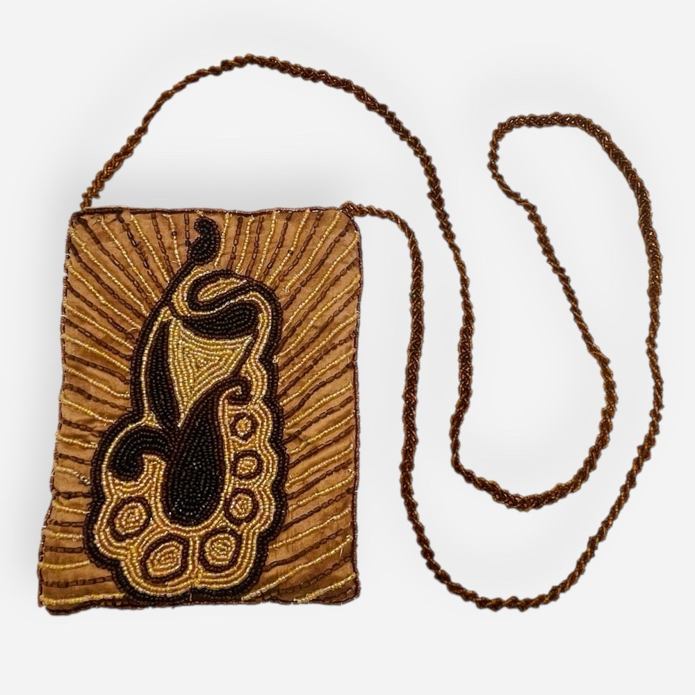 Vintage Brown Gold Glass Seed Bead Beaded Evening‎ Purse Bag Satin Crossbody